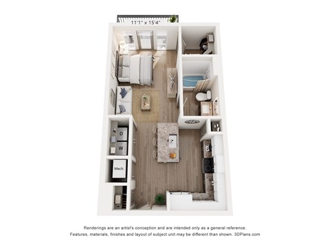 Floor plan for studio, 1 bath, 630 sqft